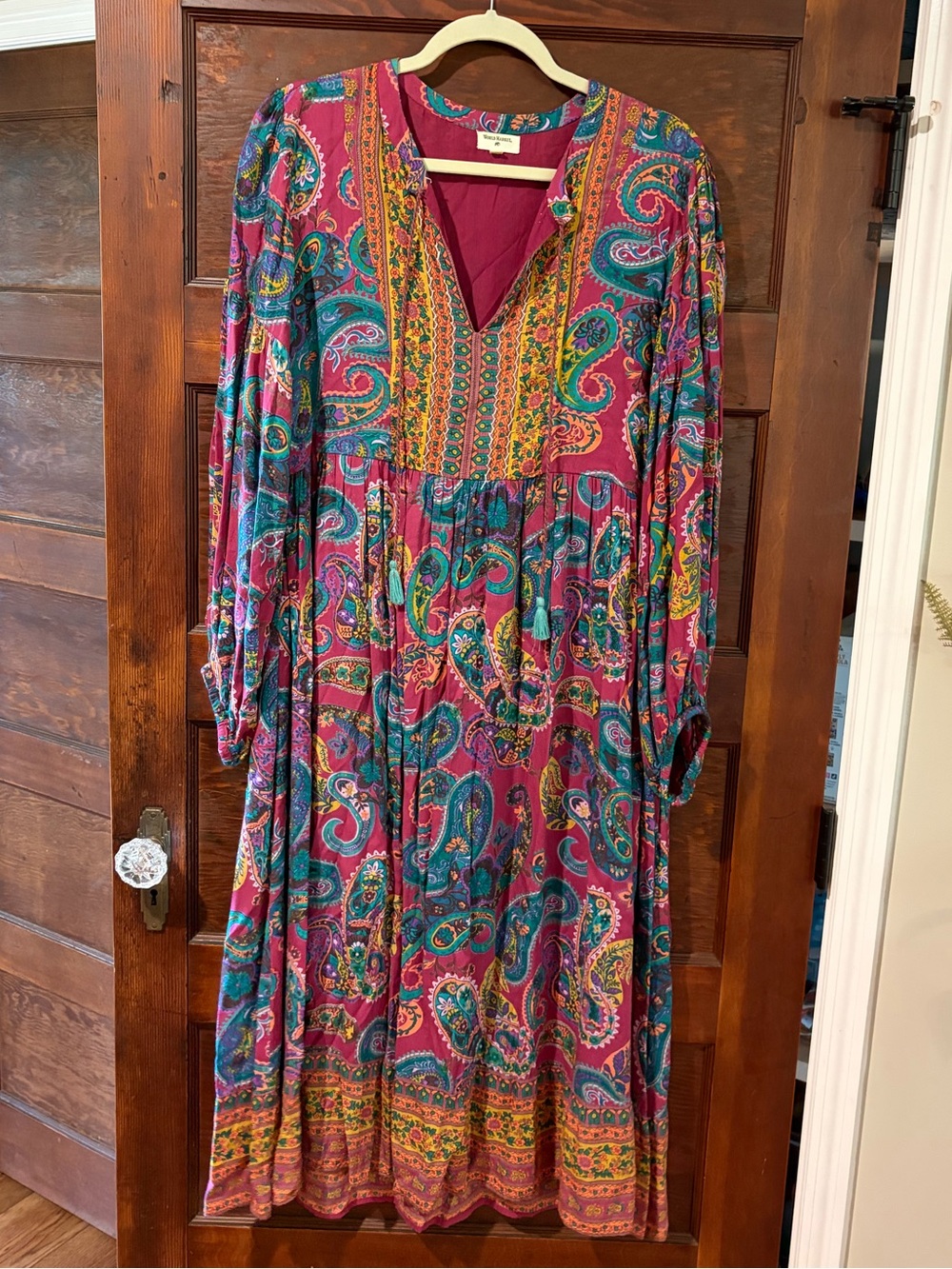 World Market Pink & Teal Paisley Long Sleeve Midi Dress